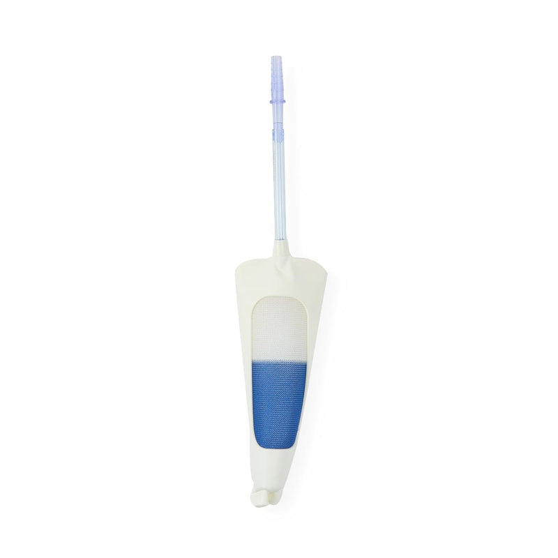 A medical catheter bag with a white plastic body, a blue textured filter section, and a clear plastic tube extending to the top, shown on a plain white background.