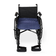 A black manual wheelchair with a quilted blue seat pad, shown from the front against a plain white background.