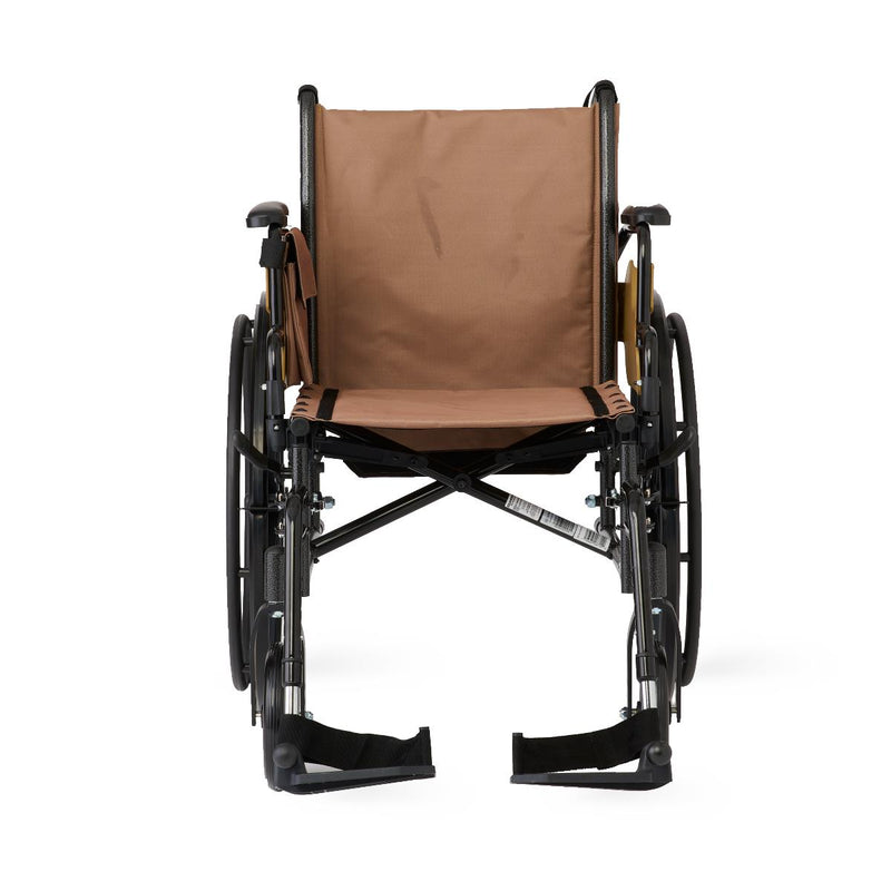 A manual wheelchair with a brown fabric seat and backrest, black metal frame, and black wheels, photographed from the front against a plain white background.