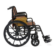 A manual wheelchair with a black metal frame, black wheels, and tan/brown fabric seat and backrest cushions, shown from a side angle on a white background.