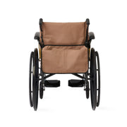A rear view of a manual wheelchair with a tan fabric seat pad and matching backrest cover, set against a plain white background.