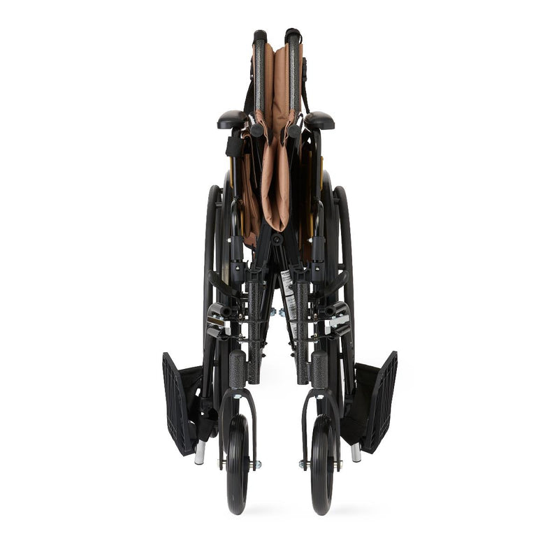 A folded manual wheelchair shown from the rear on a clean white background, featuring a black frame and wheels with a tan and brown padded seat and backrest.