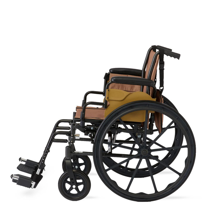A manual wheelchair with a black metal frame, black wheels, and brown fabric seat and backrest cushions, shown from a side profile on a white background.
