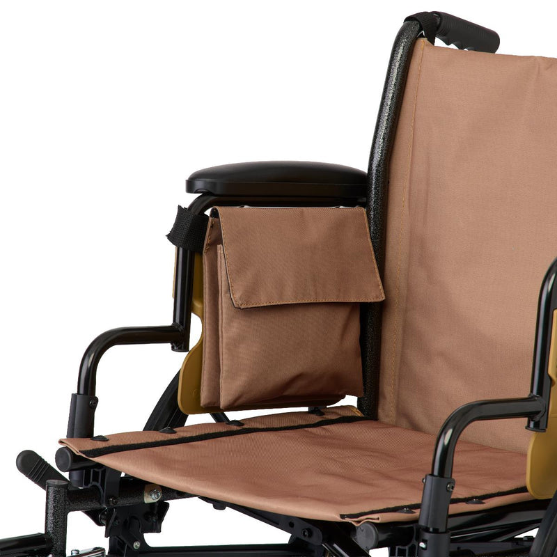 A close-up of a wheelchair with a tan fabric seat pad, backrest cover, and side storage pocket, shown against a plain white background.