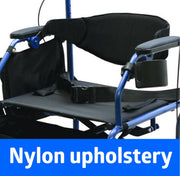 Black nylon wheelchair upholstery including a padded backrest, armrest covers, and seat cushion, shown on a blue metal wheelchair frame with a blue text banner reading 'Nylon upholstery'.