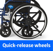 Close-up of a blue and black manual wheelchair with large black spoked wheels and a blue banner at the bottom reading 'Quick-release wheels'.