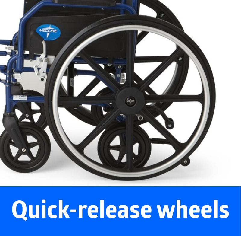 Close-up of a blue and black manual wheelchair with large black spoked wheels and a blue banner at the bottom reading 'Quick-release wheels'.