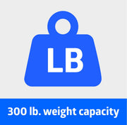 Blue weight scale icon with white 'LB' text on a light gray background, with a blue banner at the bottom reading '300 lb. weight capacity'.