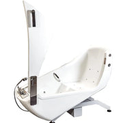 A white electric wheelchair lift with a high backrest, mounted on a metal support frame. The lift features a chrome-finished handbrake, control panel, and hose, shown against a plain white background.