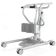 A light gray and white motorized transfer chair with a padded seat, curved support frame, footrest, and caster wheels, shown on a clean white background.