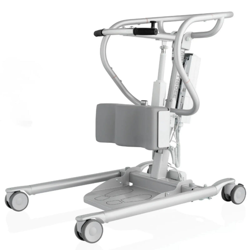 A light gray and white motorized transfer chair with a padded seat, curved support frame, footrest, and caster wheels, shown on a clean white background.