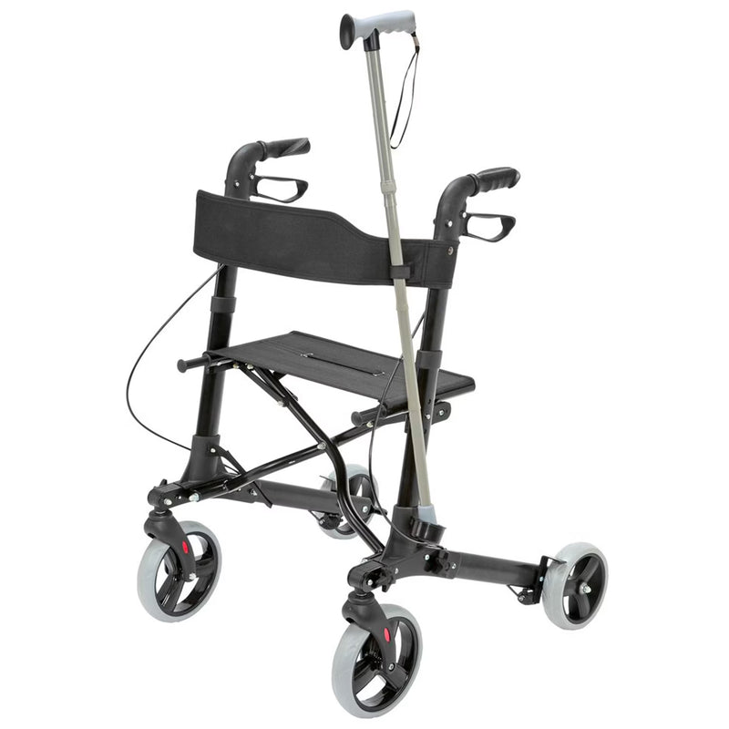 Black walker with seat and cane on a white background