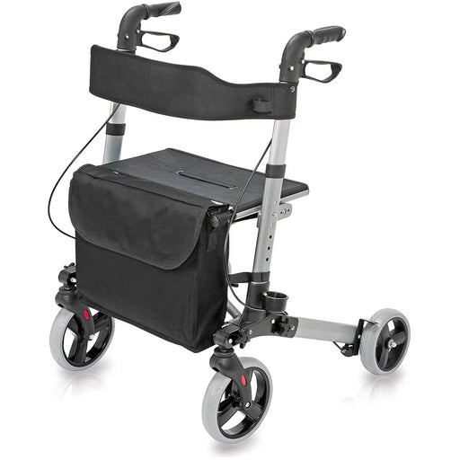 Black and silver rollator with a bag on a white background