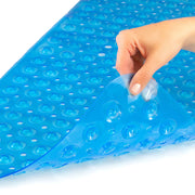 Blue gel pad with a hand pressing on it, on a white background