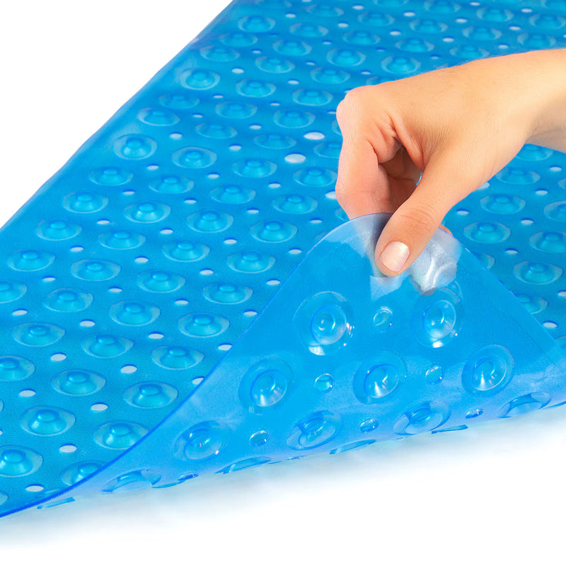 Blue gel pad with a hand pressing on it, on a white background