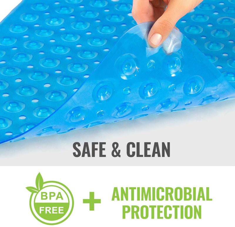 A blue textured mat with a hand lifting a transparent protective film, with text reading 'SAFE & CLEAN' and a 'BPA FREE + ANTIMICROBIAL PROTECTION' badge below.