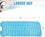 A blue textured bath mat with raised bubble-like nubs, shown on a white background with overlaid dimension lines indicating 40 inches by 15.5 inches.