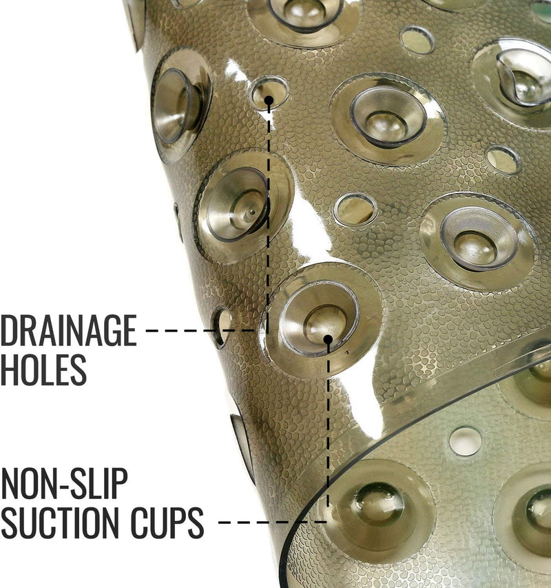 Close-up of a textured metallic suction cup surface with callout labels pointing to drainage holes and non-slip suction cups.