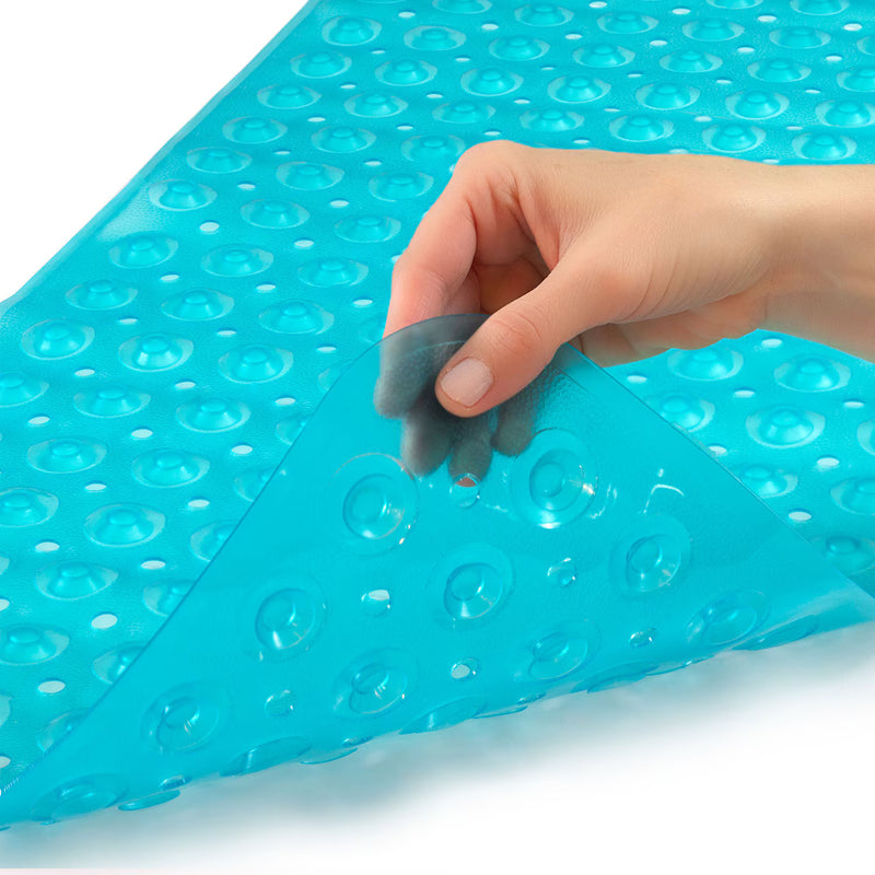 Blue bubble wrap sheet with a hand holding a piece of it on a white background