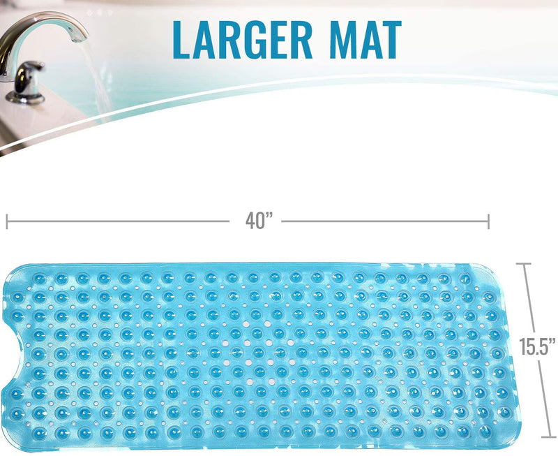 A blue textured bath mat with raised bubble-like nubs, shown on a white background with overlaid dimension lines indicating 40 inches by 15.5 inches.