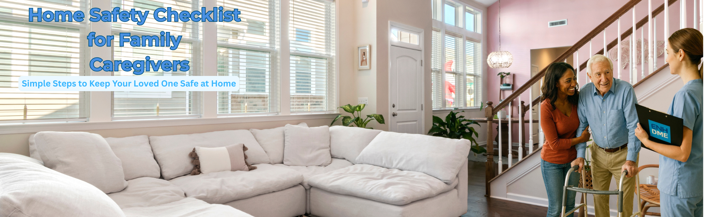 Living room with a home safety checklist for family caregivers displayed on the screen.