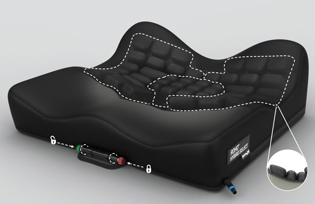 Black motorcycle seat with airbag and control panel on a gray background