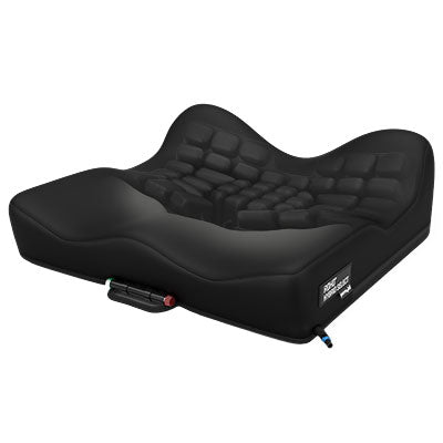 Black quilted motorcycle seat on a white background