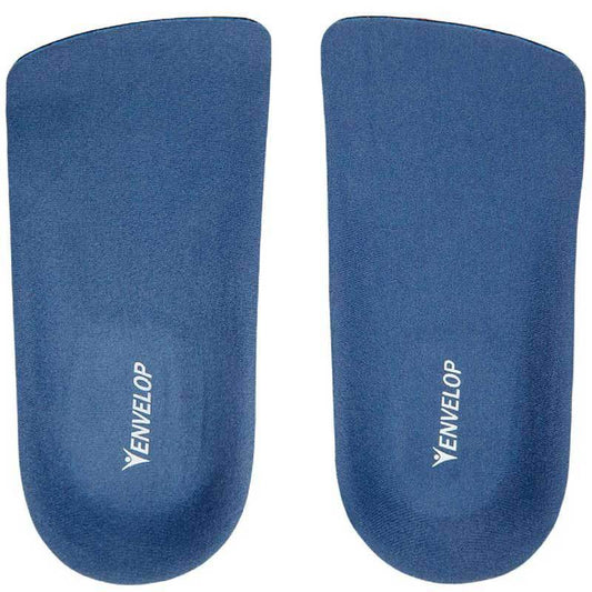 Pair of blue shoe inserts with 'Yenvelop' branding on a white background