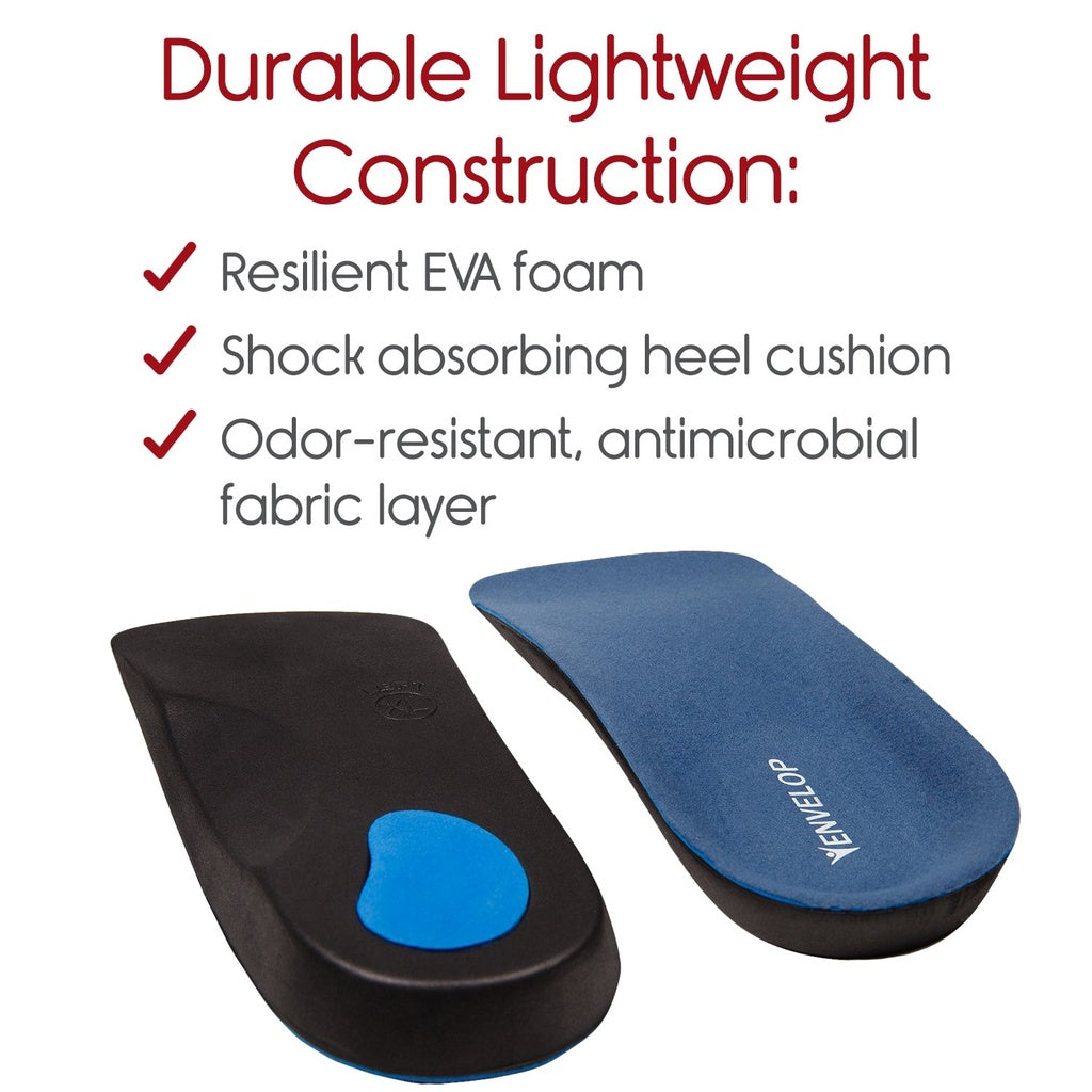 Two shoe inserts, one black and blue, the other blue, with text highlighting durable lightweight construction features.