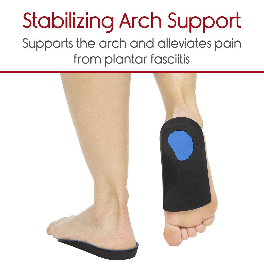Stabilizing arch support brace worn on a foot with text about arch support and plantar fasciitis relief.