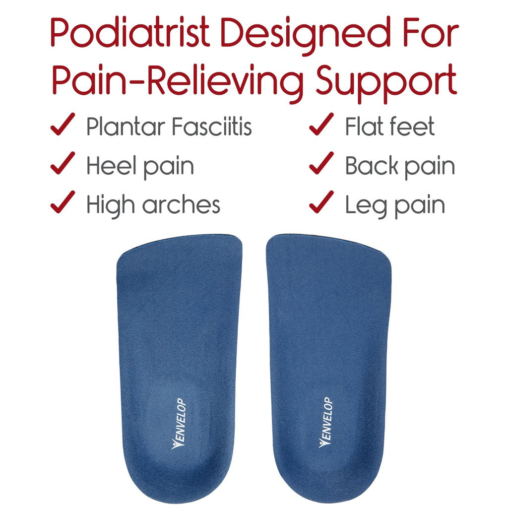 Blue shoe inserts with text highlighting pain-relieving support for various foot issues on a white background.