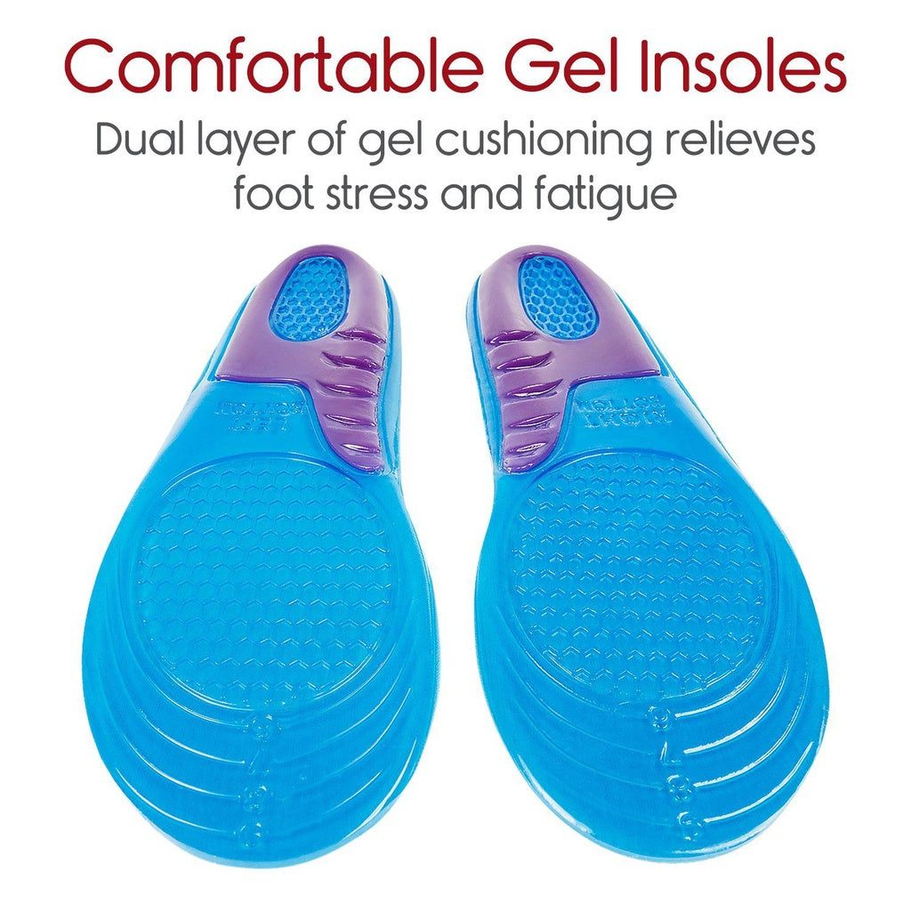 Blue gel insoles with purple accents on a white background, featuring text about comfort and foot health.