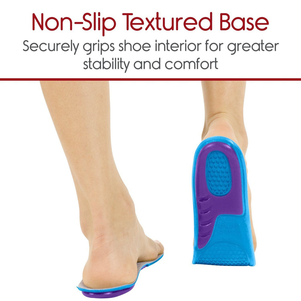 Blue and purple non-slip textured shoe insert with text on a white background