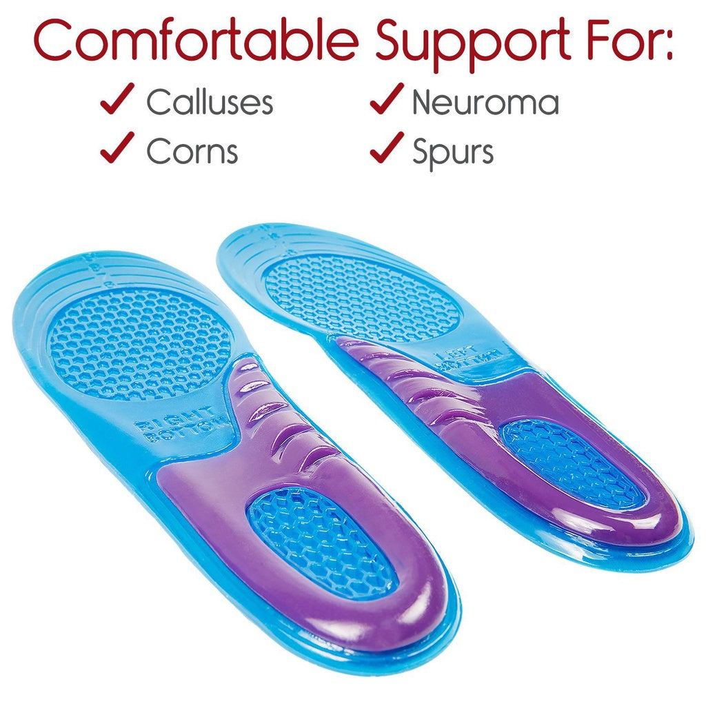Blue and purple shoe insoles with text highlighting benefits on a white background