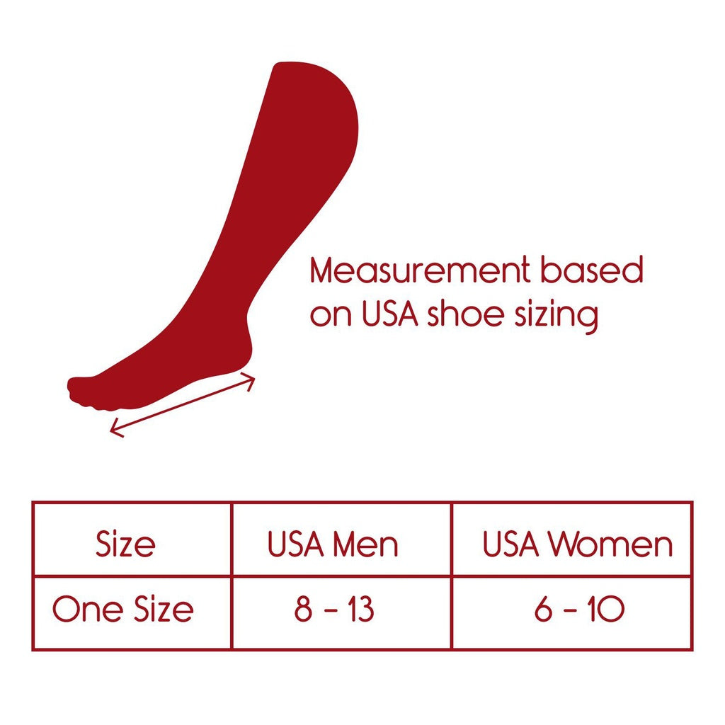 Measurement chart for socks based on USA shoe sizing with a red sock illustration.