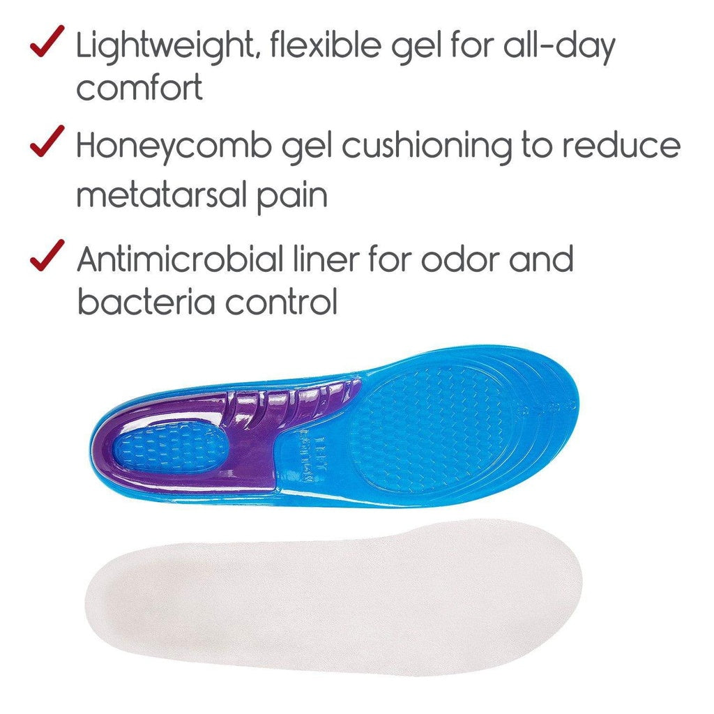 Blue and purple shoe insole with text highlighting features on a white background