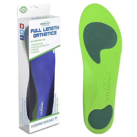 Green and blue full-length orthotic shoe insert with packaging on a white background