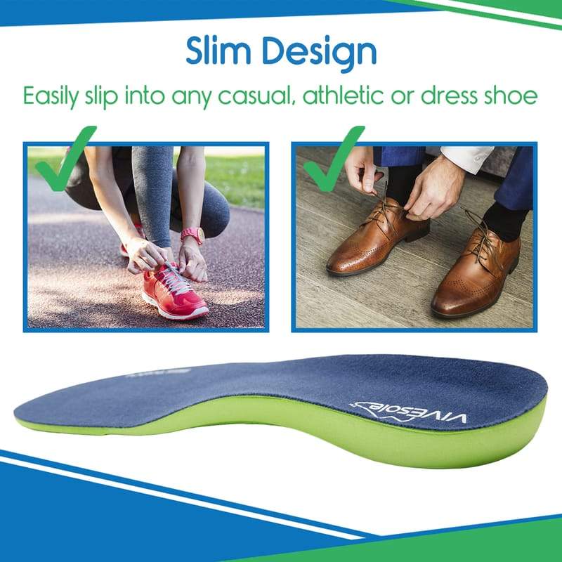 Vivessentials insole with text about slim design and ease of use for various shoes.