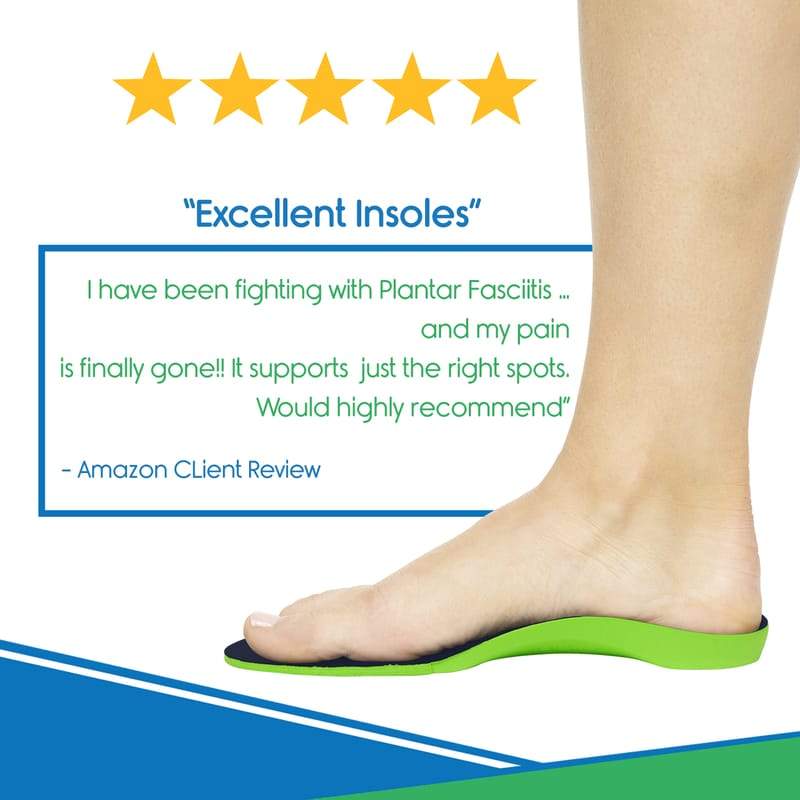 Green insole being worn with a five-star rating and customer review on a white background