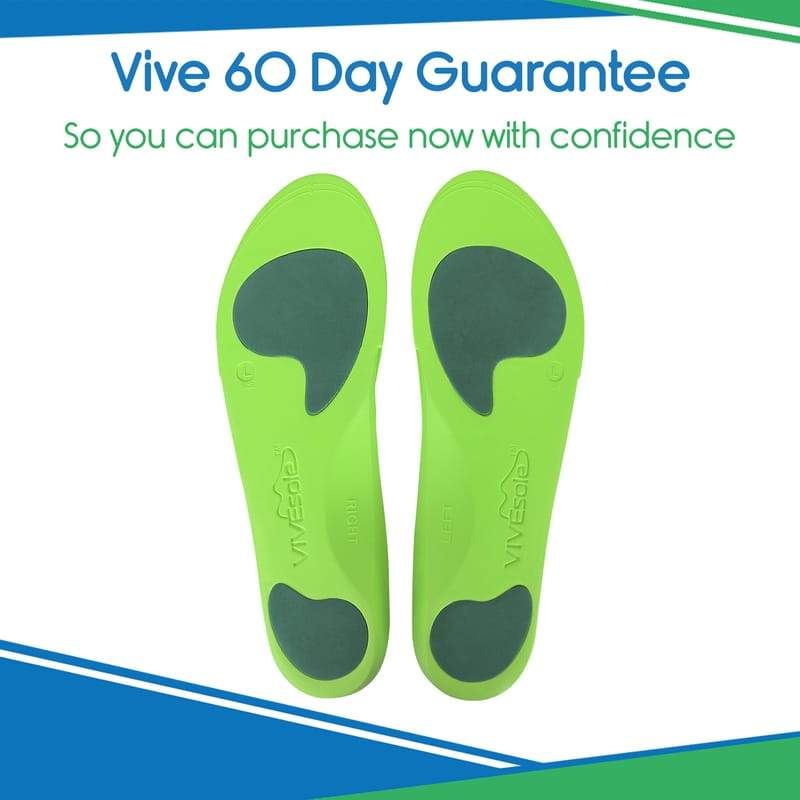 Green and black shoe insoles with 'Vive' branding on a white background