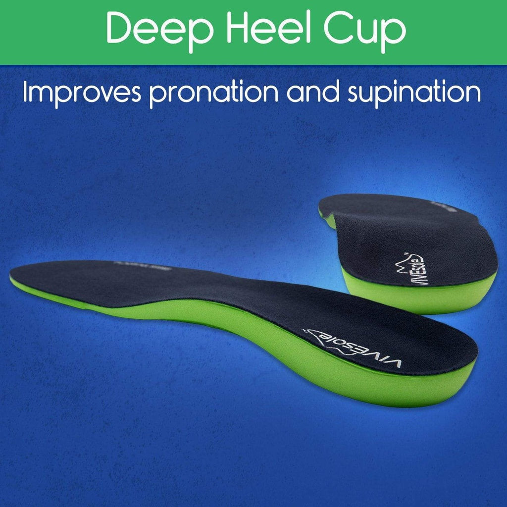 Green and black deep heel cup insole on a blue background with text about pronation and supination.