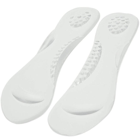 Two white shoe inserts on a white background