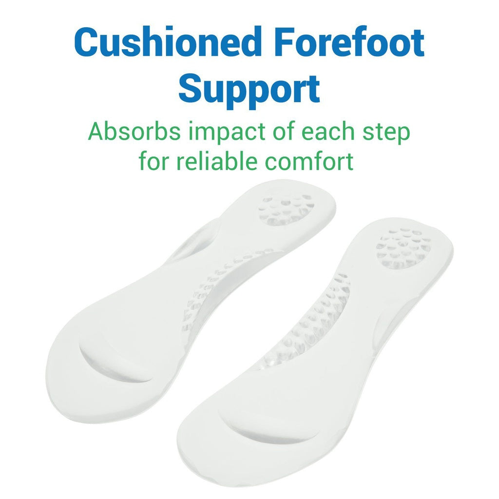 White cushioned forefoot support insoles with text on a white background