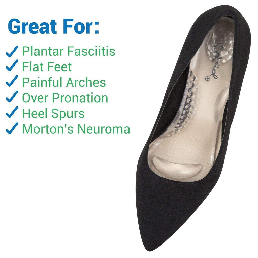 Black shoe with a white insole on a white background, listing conditions the shoe is great for.