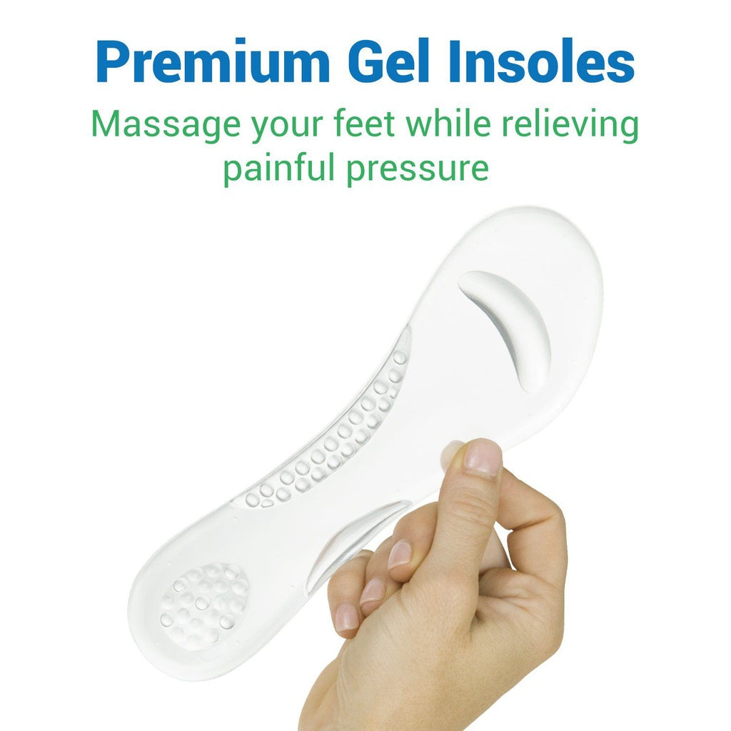 White gel insole being held by a hand with text about its benefits on a white background