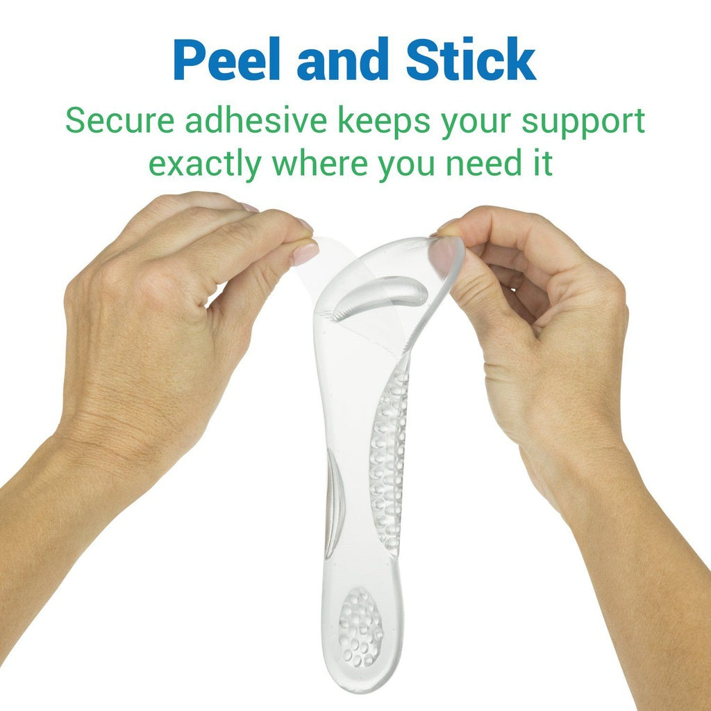 Hands peeling off a adhesive strip with text 'Peel and Stick' and 'Secure adhesive keeps your support exactly where you need it'.