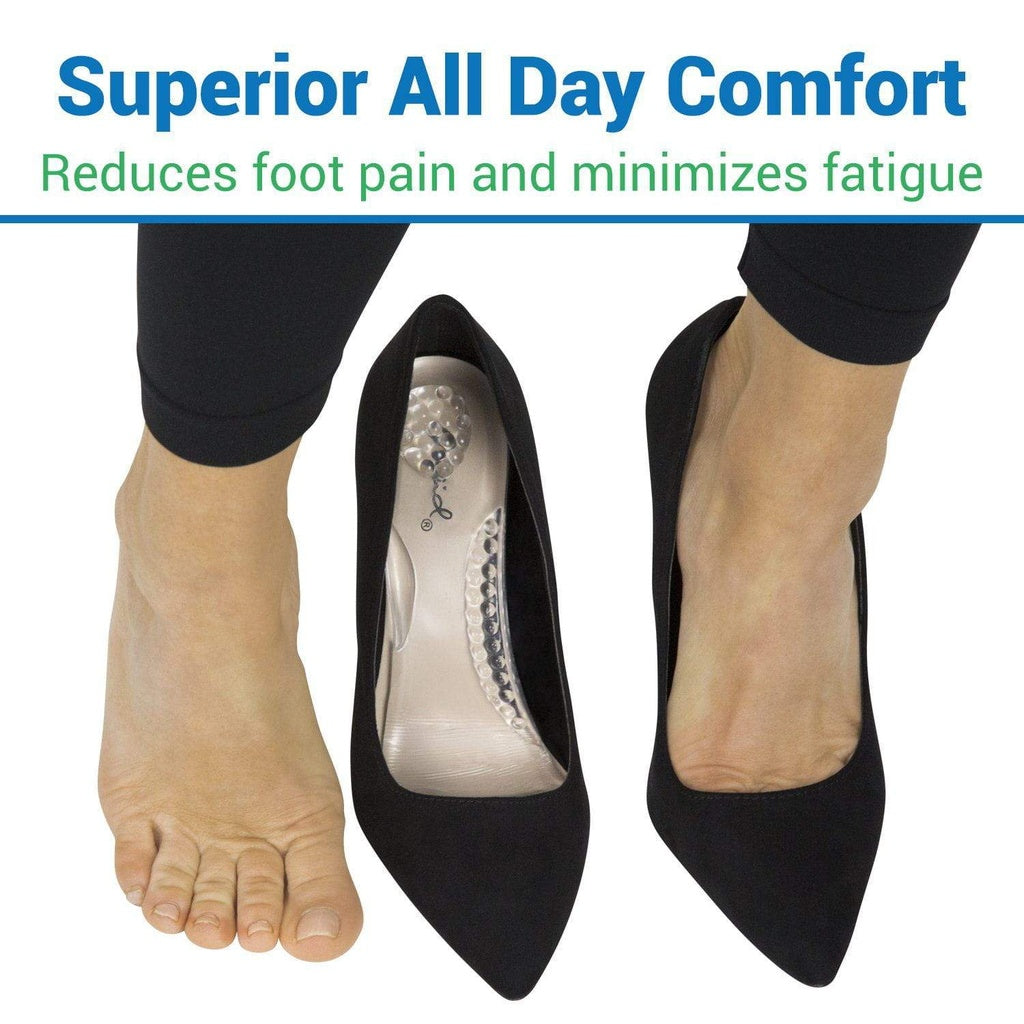 Black high-heeled shoes worn by a person with text about superior all-day comfort.