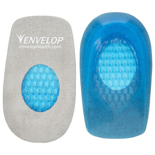 Two shoe inserts with blue honeycomb design and gray outer layer on a white background, branded 'ENVELOP'.