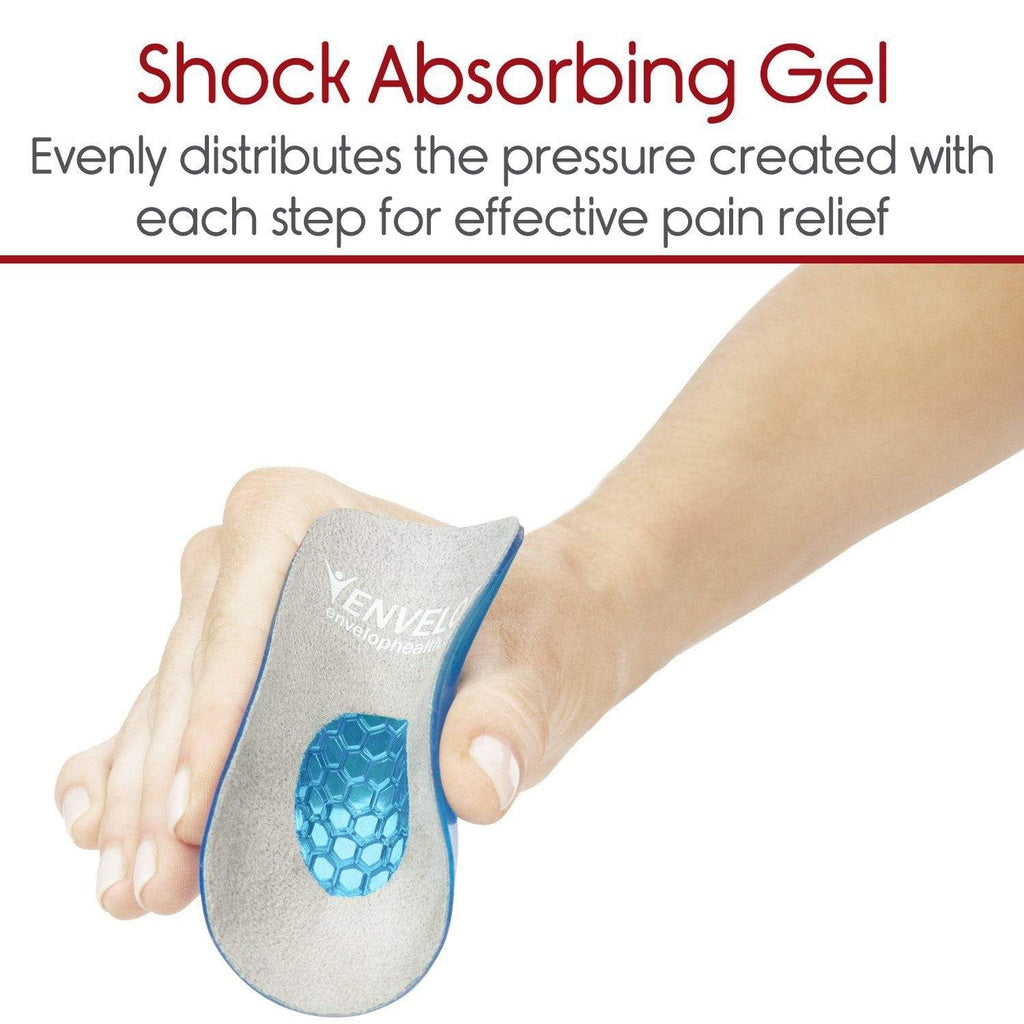 Shock absorbing gel pad on a foot with text about pain relief