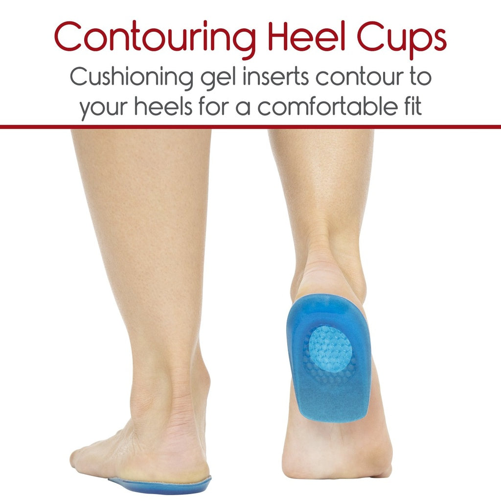 Blue contouring heel cup on a foot with text about cushioning gel inserts.